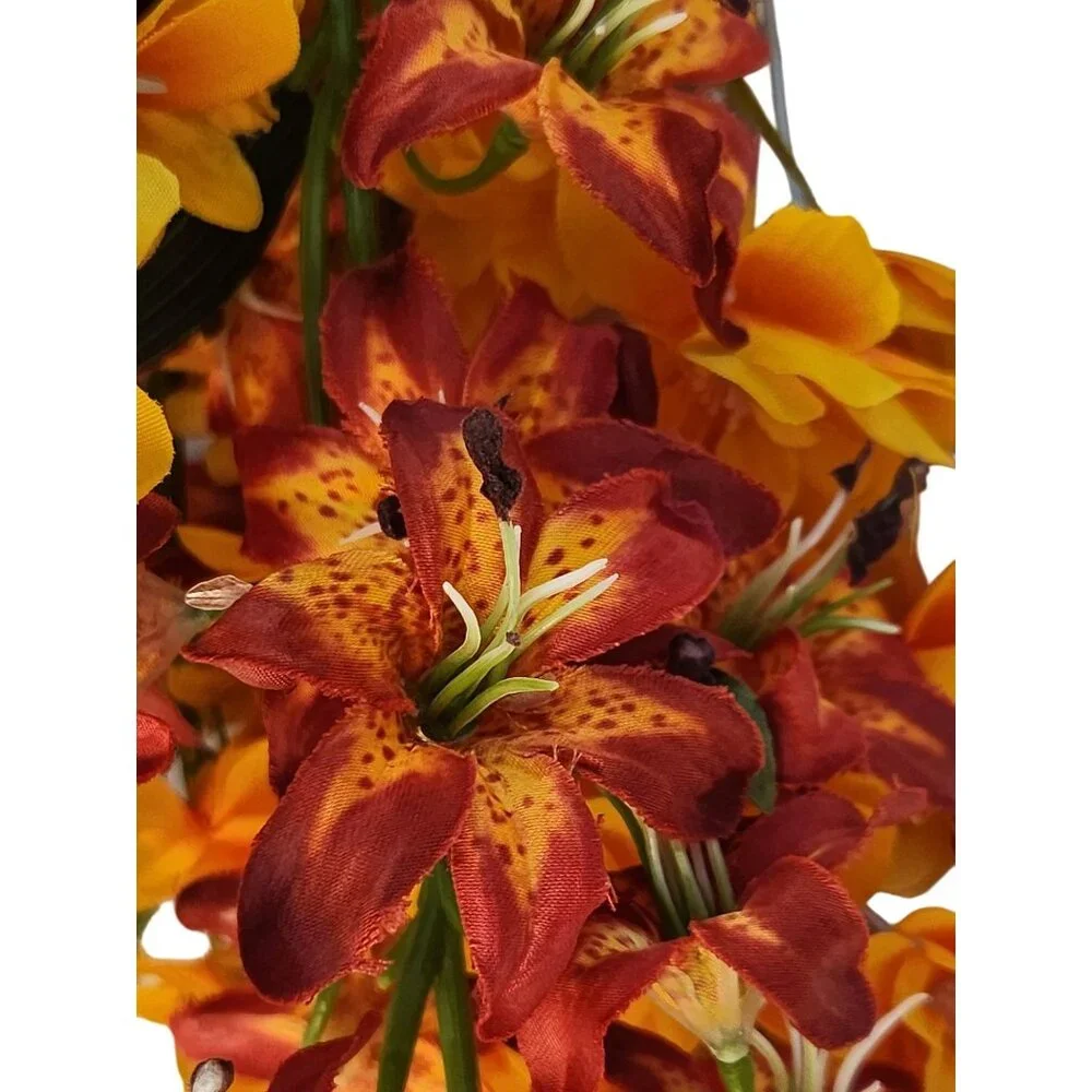 Artificial Floral Arrangement Bouquet - Fall Colors Red Yellow & Textured Accent